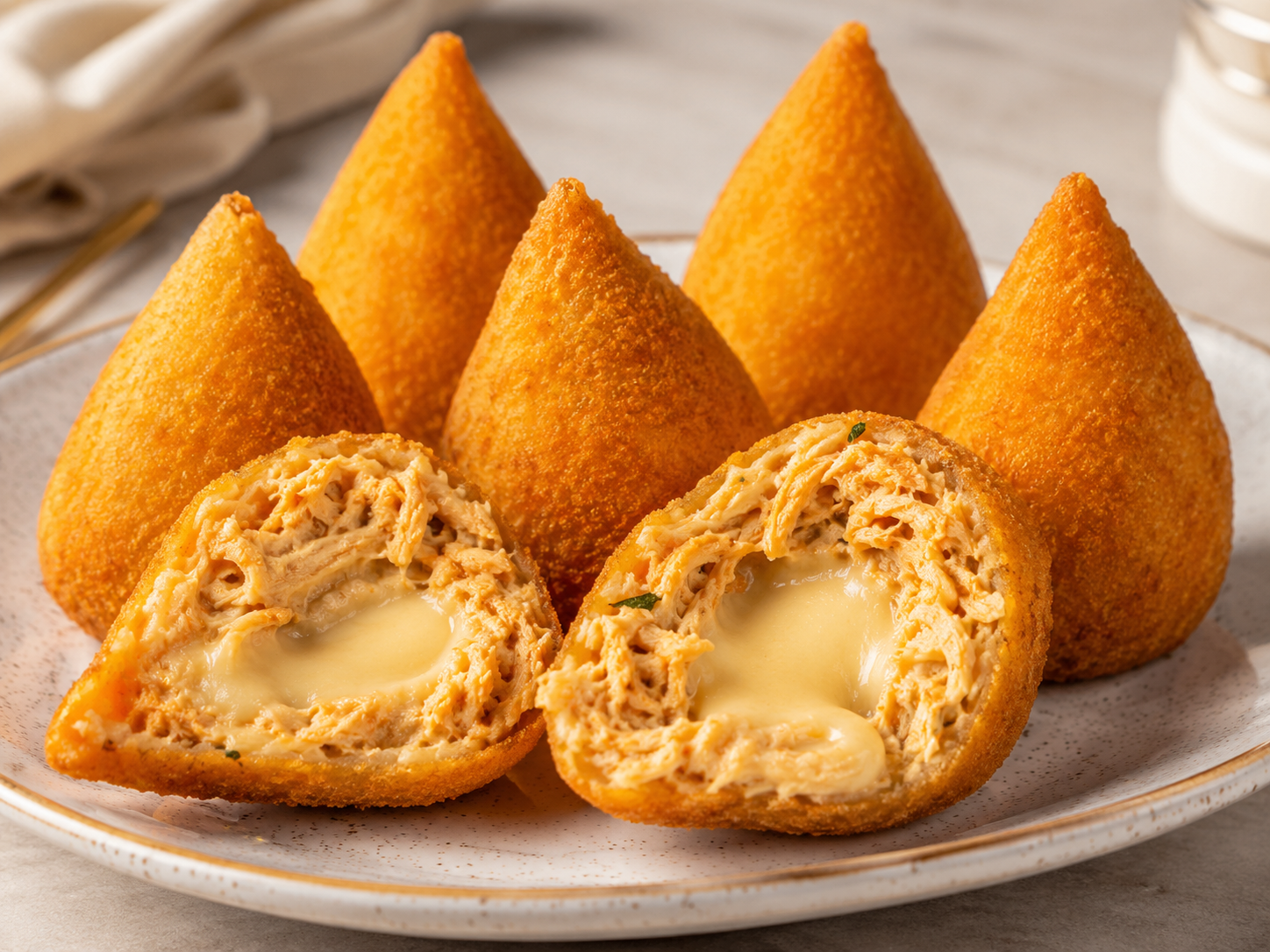 Golden Brazilian coxinhas on a plate