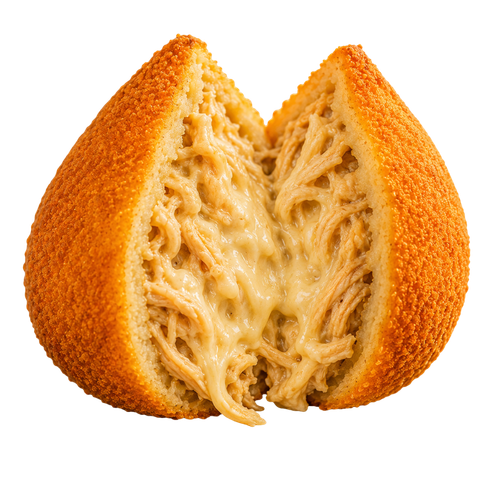 Open Brazilian coxinha with creamy chicken filling